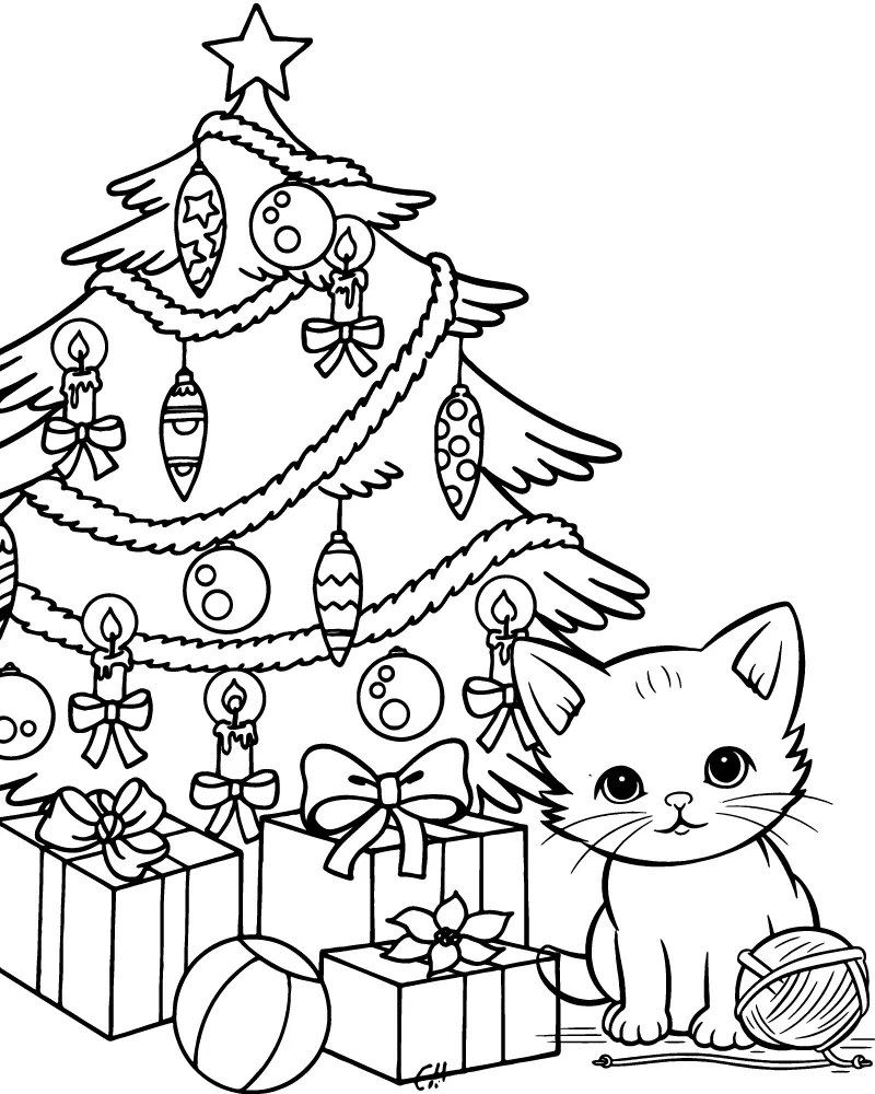 Christmas Cat Coloring Pages 14